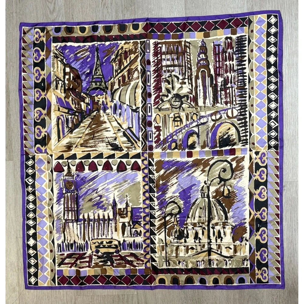 Vintage Paris London Square Scarf Women OS Purple Gold Landmark Print Satin